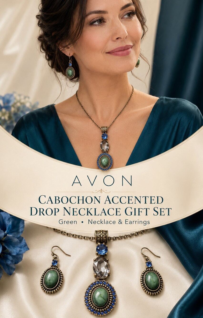 Avon Green Oval Cabochon Pendant Necklace & Earrings Jewelry Set - Silver